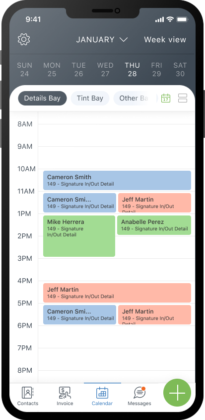 Calendar screen of mobile detailing software